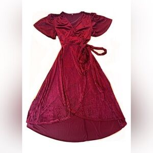 Ribbed Velvet Maxi Wrap Dress Deep Red   Women's Medium Holiday, Romantic Goth